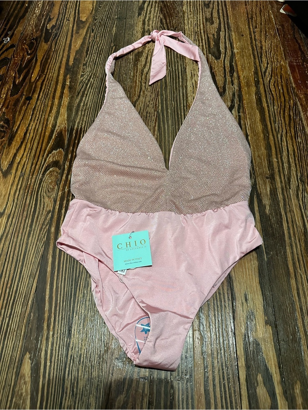 CHIO DI STEFANIA D NWT Pink Halter One-Piece Swimsuit FULL GLITTER OPEN BACK